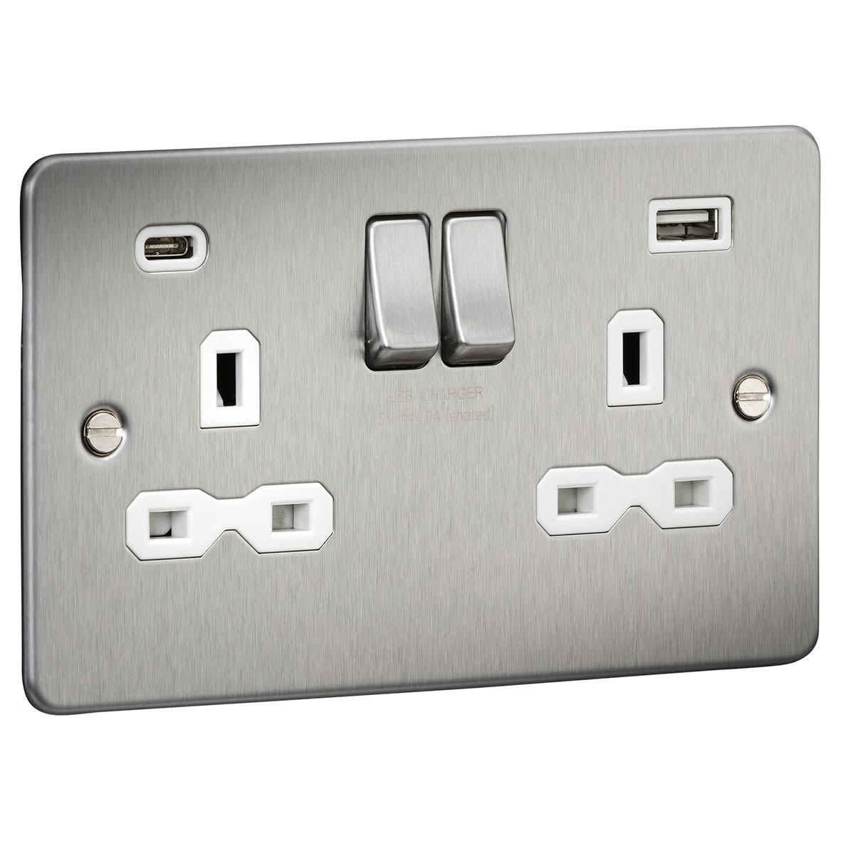 13A 2 Gang Flat Plate Type A/C USB Socket with 2 x USB - 4A - Brushed Chrome/White - view 2