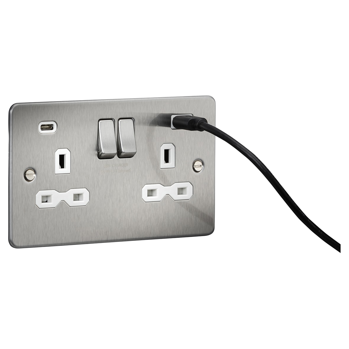 13A 2 Gang Flat Plate Type A/C USB Socket with 2 x USB - 4A - Brushed Chrome/White - view 3