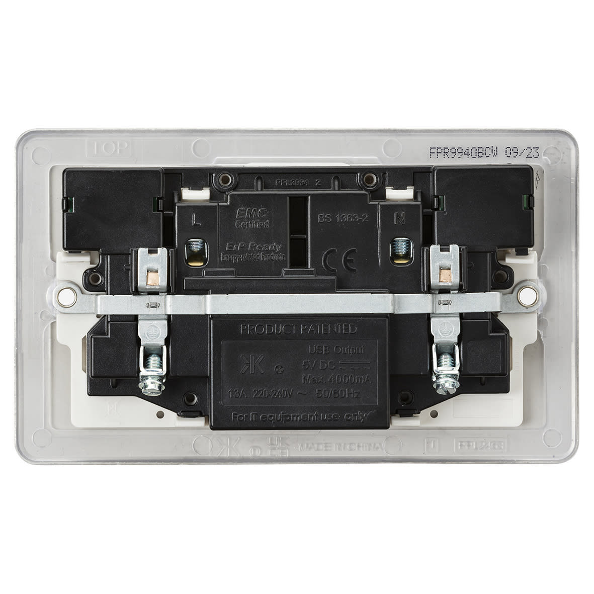 13A 2 Gang Flat Plate Type A/C USB Socket with 2 x USB - 4A - Brushed Chrome/White - view 5