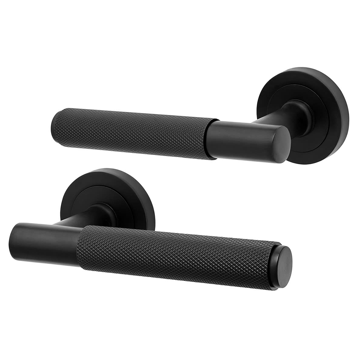 Matt Black Knurled Bathroom Deadbolt Lock Door Handles on Rose Pack - Remi Range - view 2