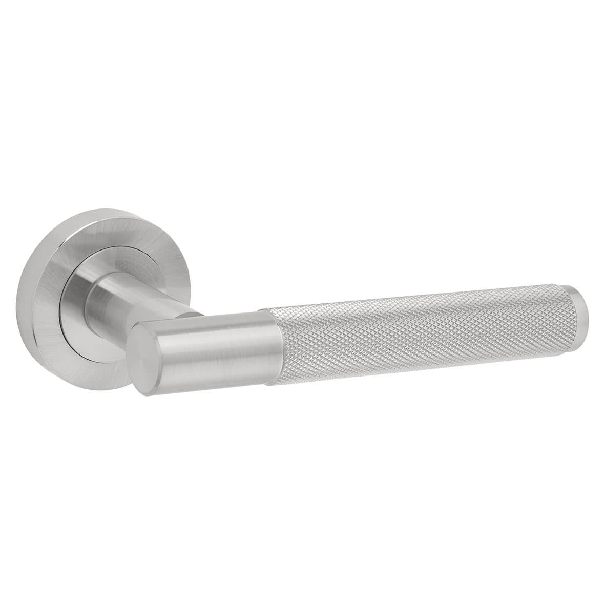 Polished Chrome Fire Rated Knurled Door Handles on Round Rose - Bari Range - view 2