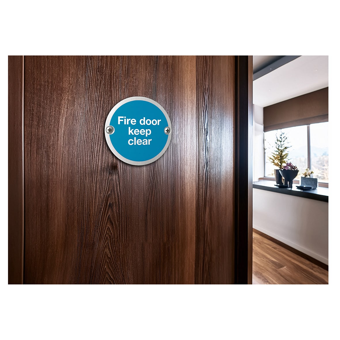 Light Blue Fire Door Keep Clear Door Sign - 75mm Diameter - Satin Stainless Steel - view 2