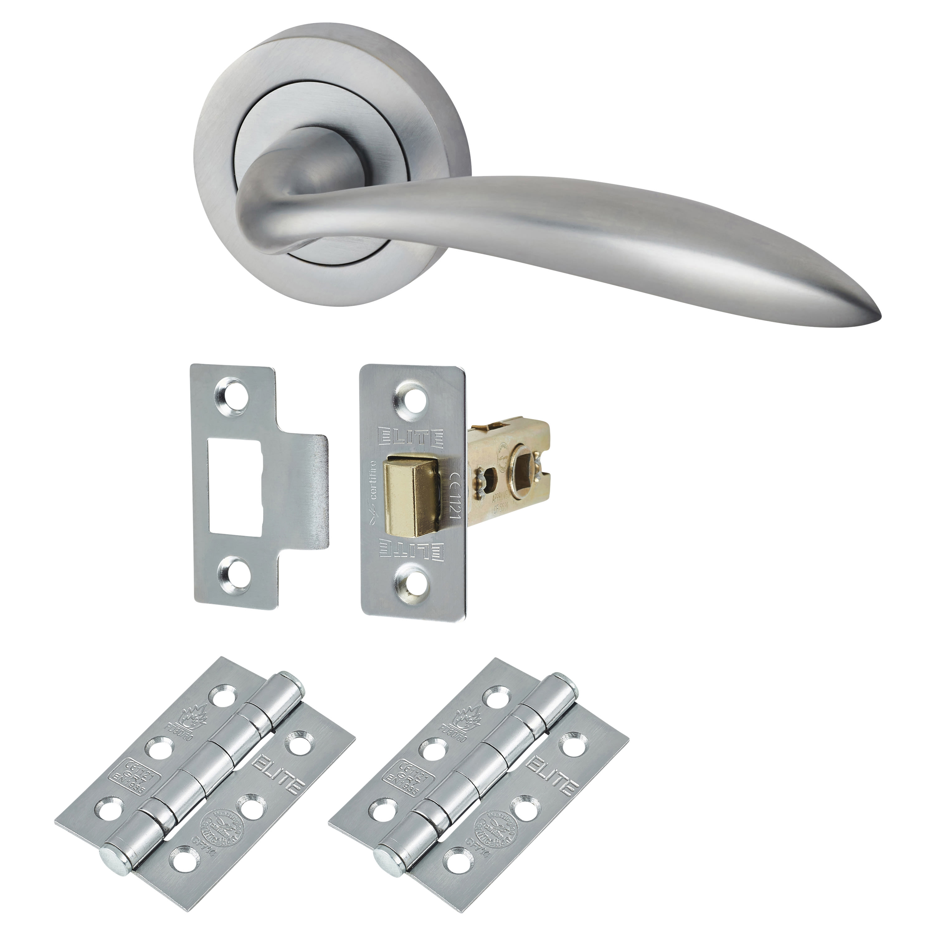Satin Chrome Latch Door Handles on Rose Pack - Morgan Range - view 2