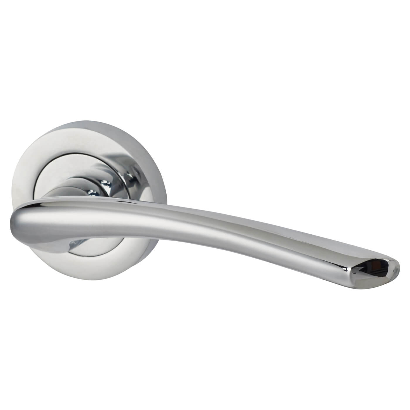 Satin Chrome Latch Door Handles on Rose Pack - Morgan Range - view 3