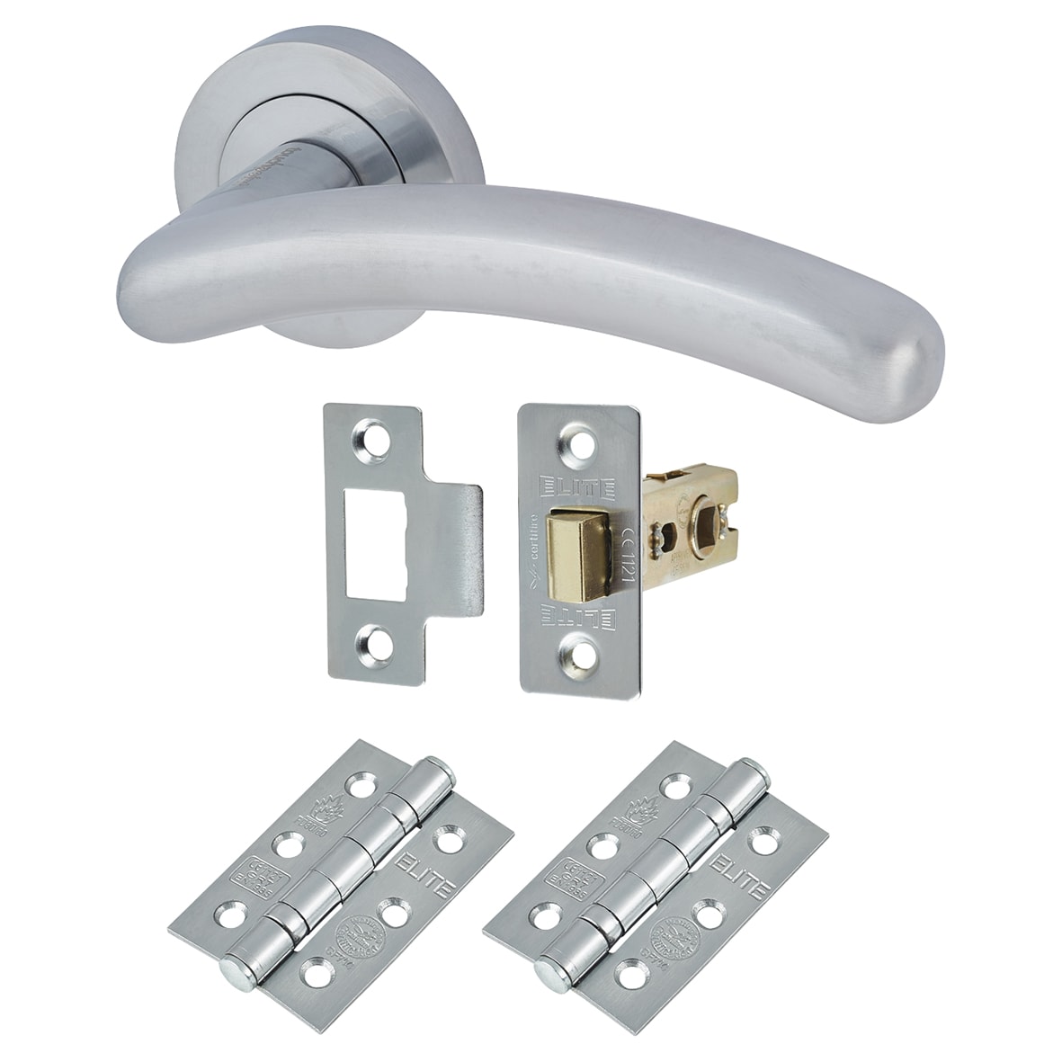 Satin Chrome Latch Door Handles on Rose Pack - Carina Range - view 2