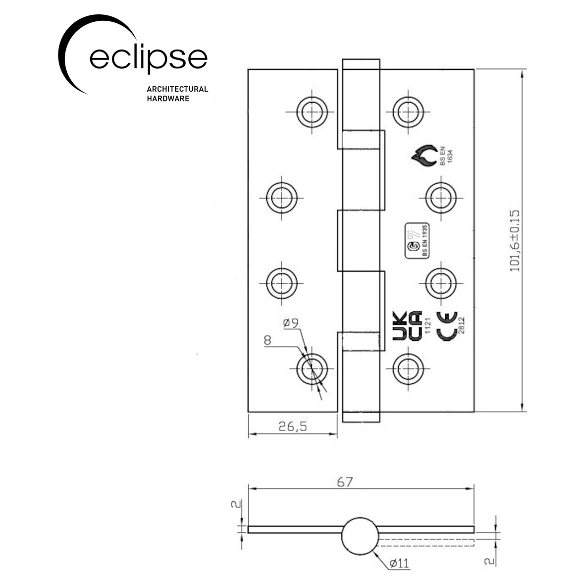 Ball Bearing Grade 7 Butt Fire Door Hinge - 102 x 67 x 2mm - Polished Brass - Pair - view 3
