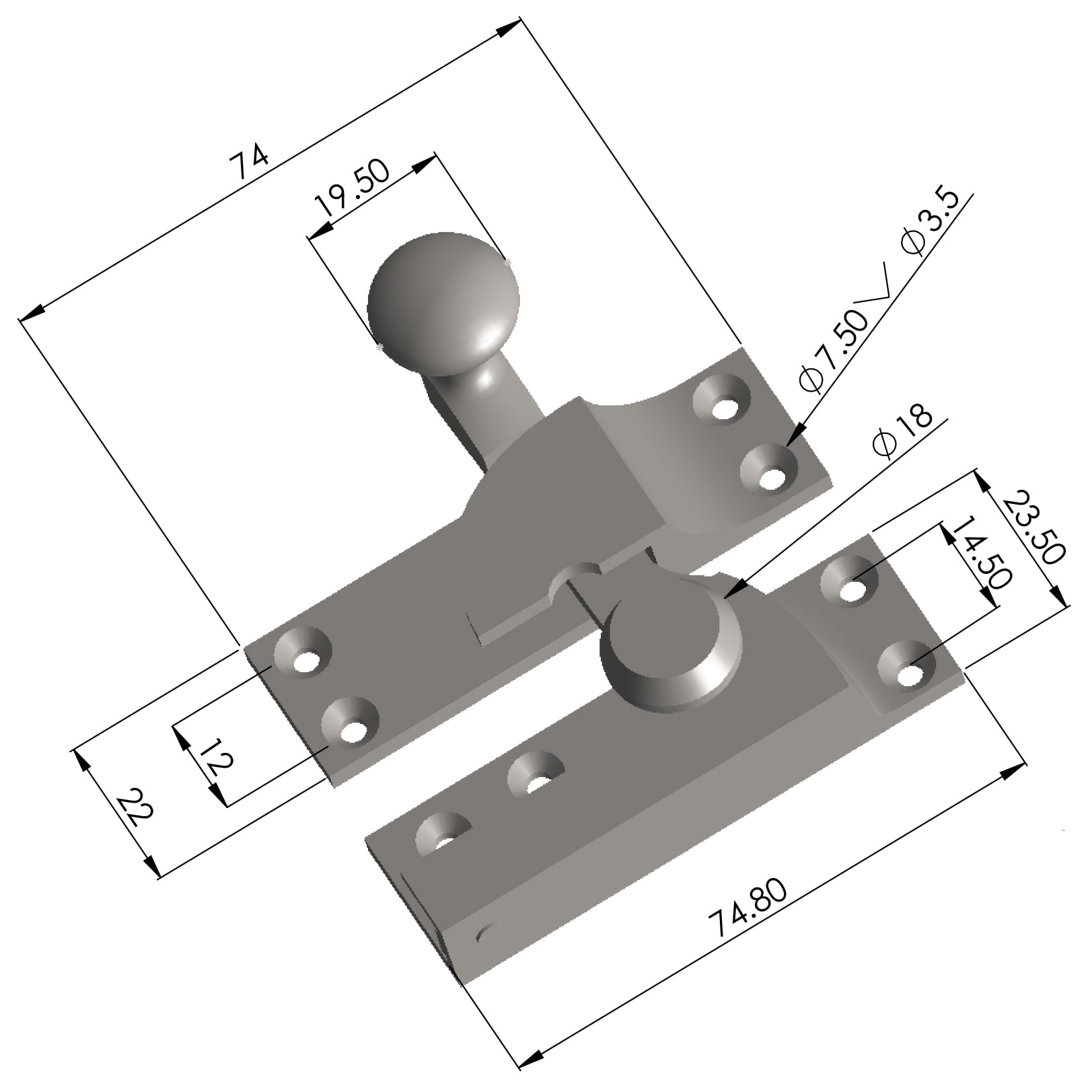 Quadrant Arm Sash Window Fastener - 69 x 23mm - Polished Brass - view 2