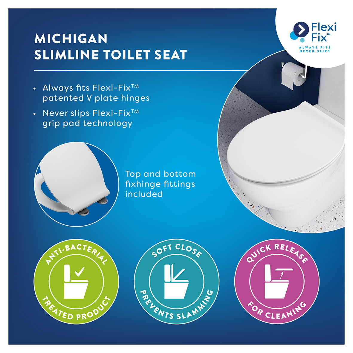 Michigan Slimline Flexi-Fix Soft Close Toilet Seat - White - view 5