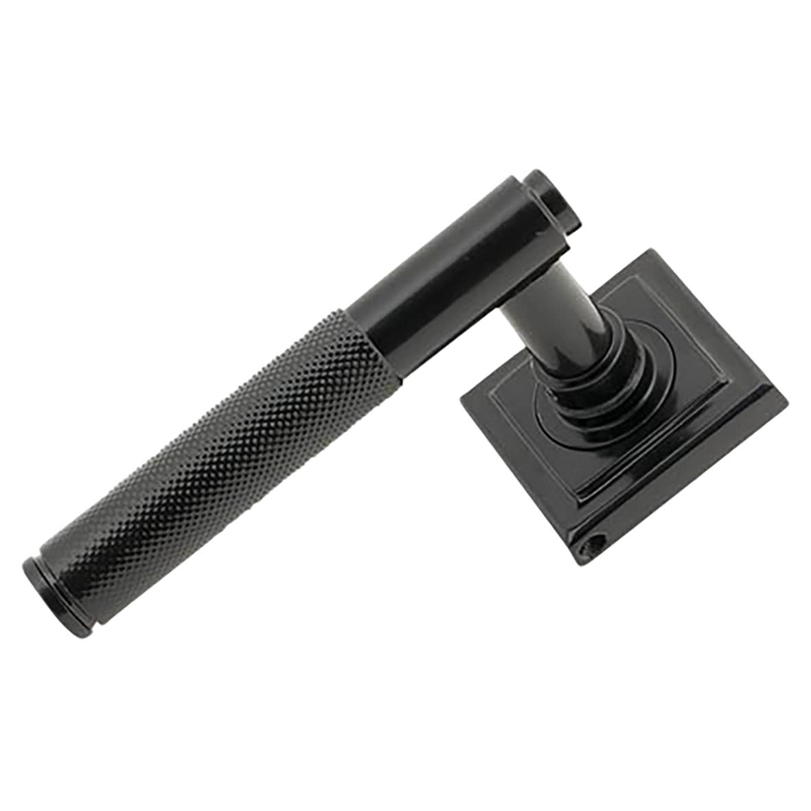 Black Knurled Door Handles on Square Rose - Brompton Range - view 2
