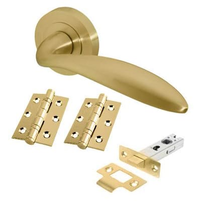 Satin Brass Latch Door Handles on Rose Pack - Morgan Range - view 2