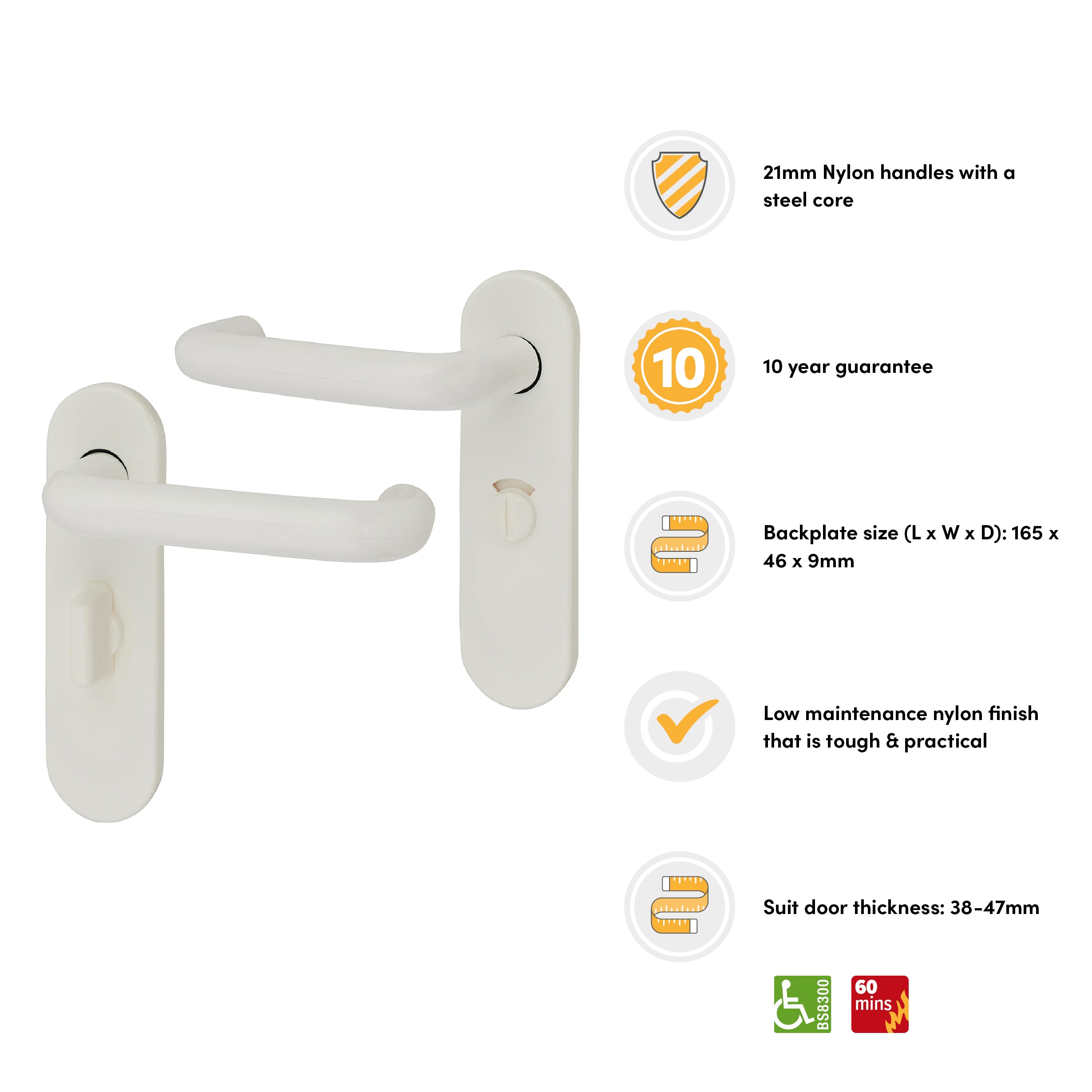 Diamond White Nylon Steel Core Safety Bathroom Door Handles - 57m c/c - Paris Range - view 3