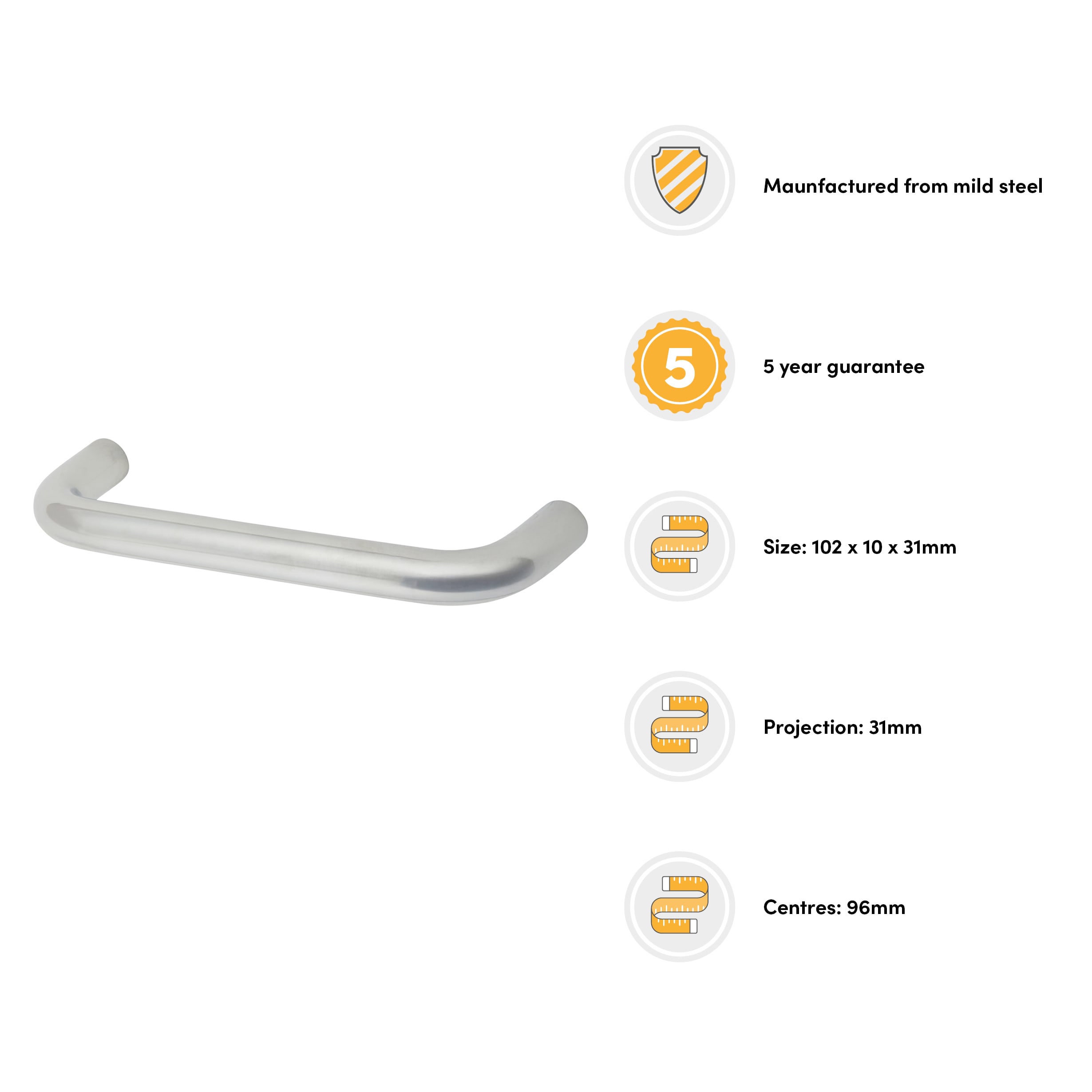 10mm D-Bar Cabinet Pull Handle - 96mm Centres - Polished Chrome - view 3