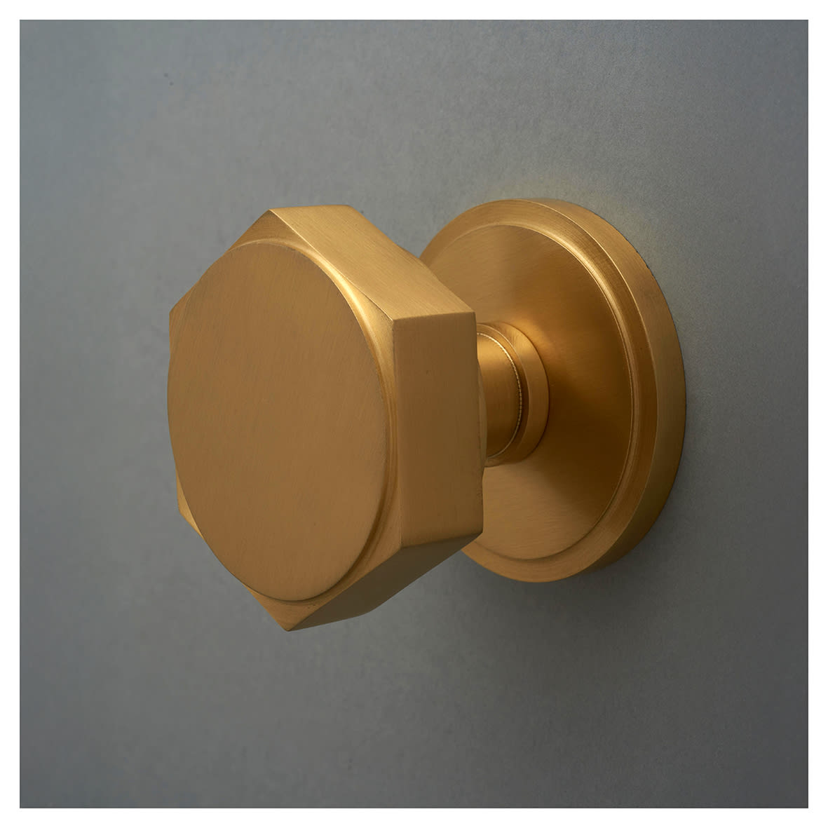 Satin Brass Hexagonal Centre Door Knob - 80mm Rose Diameter - view 4