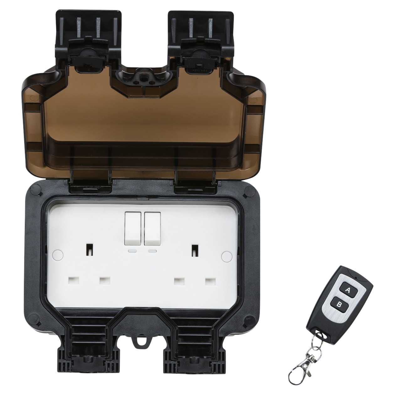 13A 2 Gang Switched Outdoor Weatherproof Socket with Remote Control - Black - view 2
