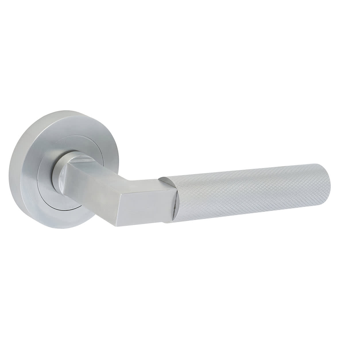 Satin Chrome Knurled Door Handles on Round Rose - view 2