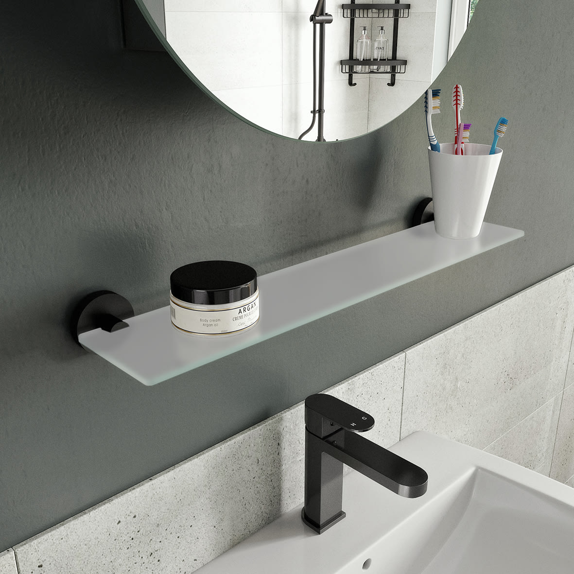Epsom Flexi-Fix Frosted Glass Shelf - 590 x 135.5 x 60mm - Matt Black - view 2