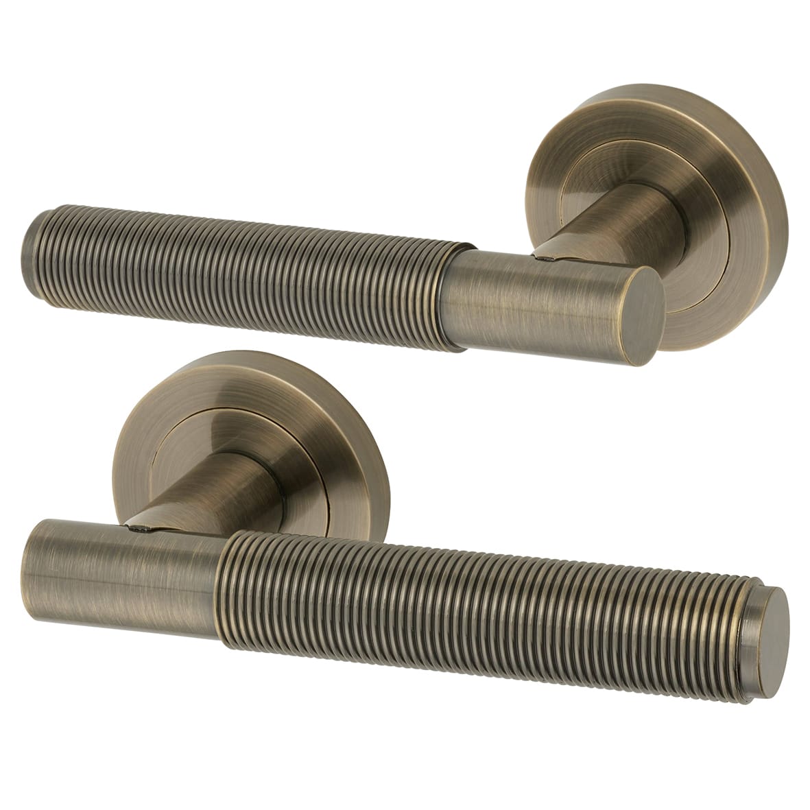 Antique Brass Reeded Bathroom Deadbolt Lock Door Handles on Rose Pack - Lily Range - view 2