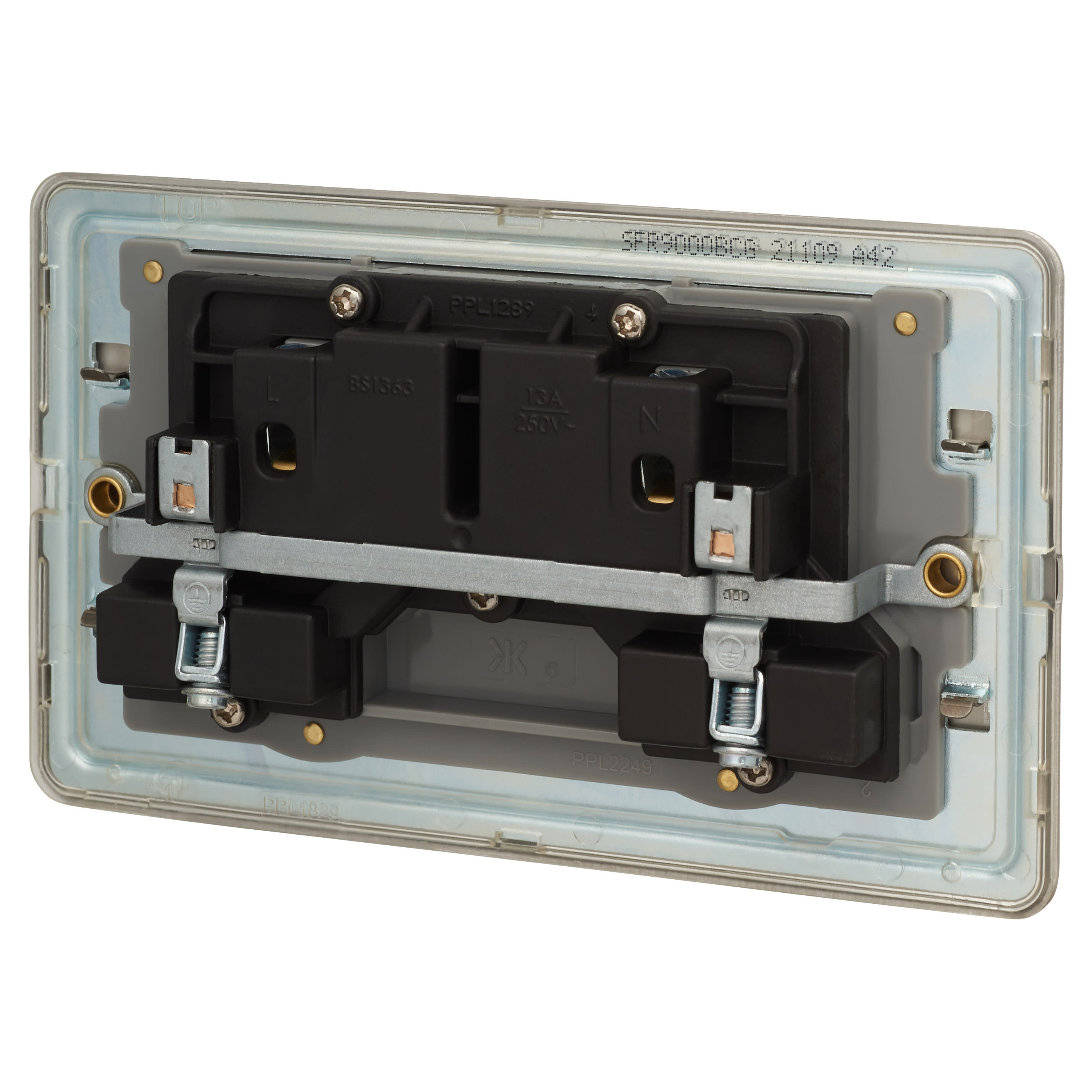 13A 2 Gang Screwless Flat Plate Switched DP Socket - Brushed Chrome with Grey Insert - view 3