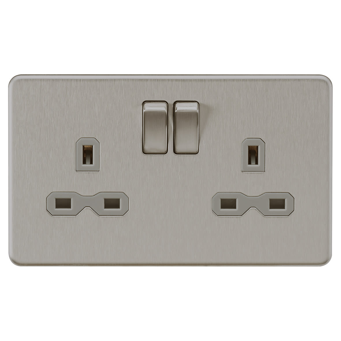 13A 2 Gang Screwless Flat Plate Switched DP Socket - Brushed Chrome with Grey Insert - view 4