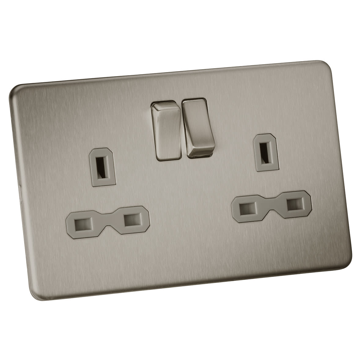 13A 2 Gang Screwless Flat Plate Switched DP Socket - Brushed Chrome with Grey Insert - view 5