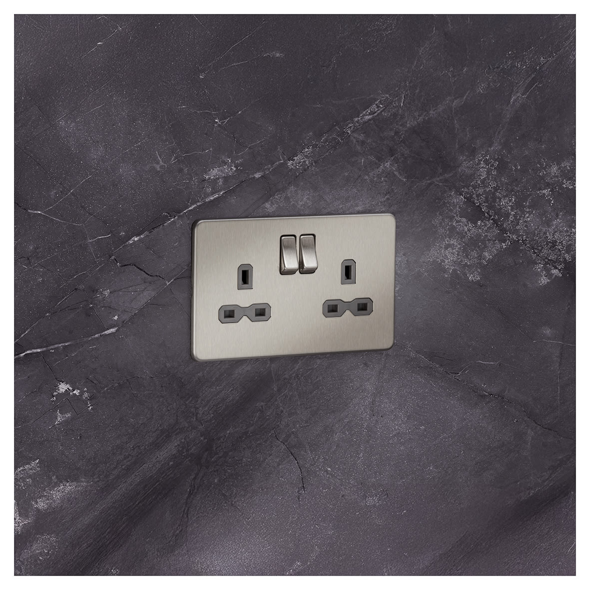 13A 2 Gang Screwless Flat Plate Switched DP Socket - Brushed Chrome with Grey Insert - view 6
