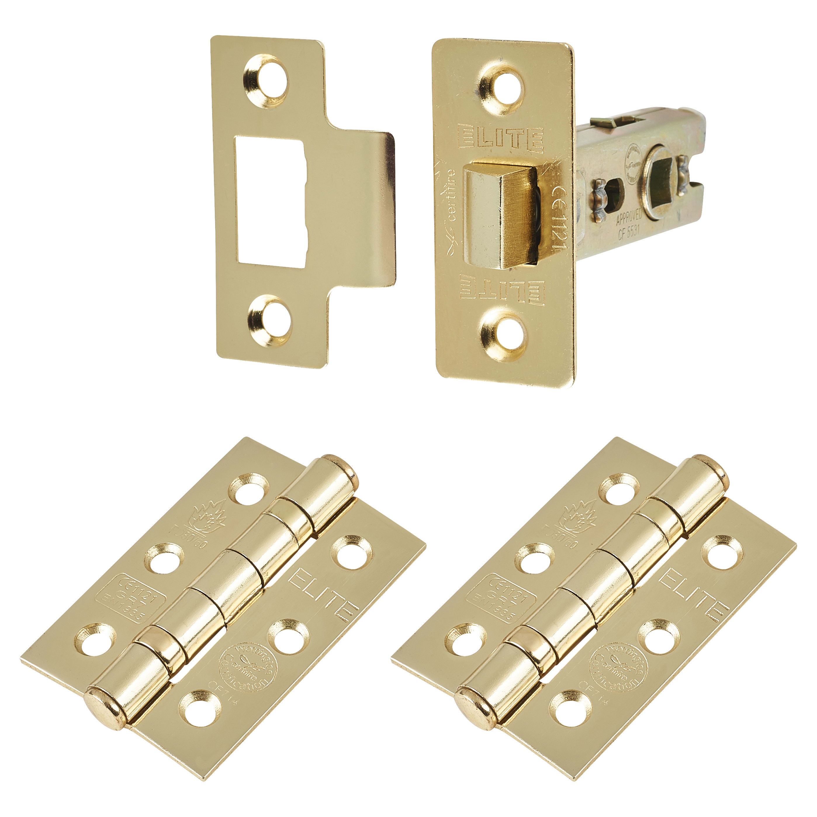 Tubular Latch Pack - 76mm Case - 57mm Backset - 2 x Fire Rated Ball Bearing Hinges - Polished Brass - view 2