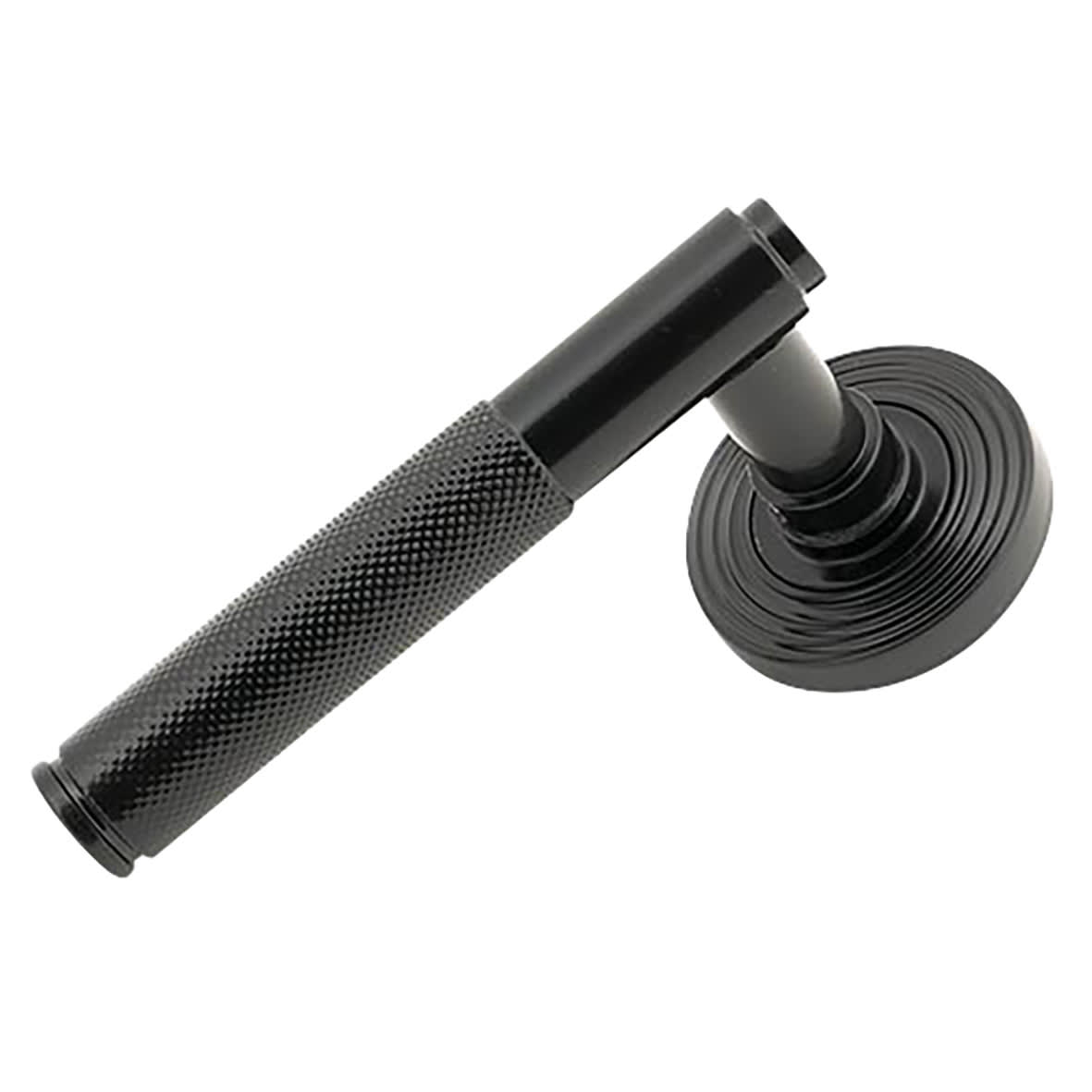 Black Knurled Door Handles on Round Beehive Rose - Brompton Range - view 2