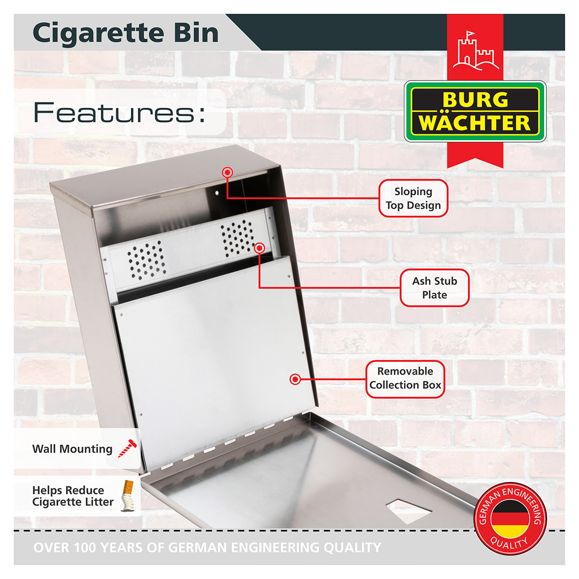 Compact Cigarette Bin - 225 x 320 x 75mm - Silver - view 5