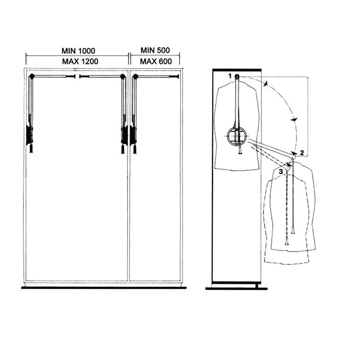 Flexi Lift Single Pull Down Wardrobe Rail Lift - 500-600mm - Max 12kg - Right Hand - Grey - view 2