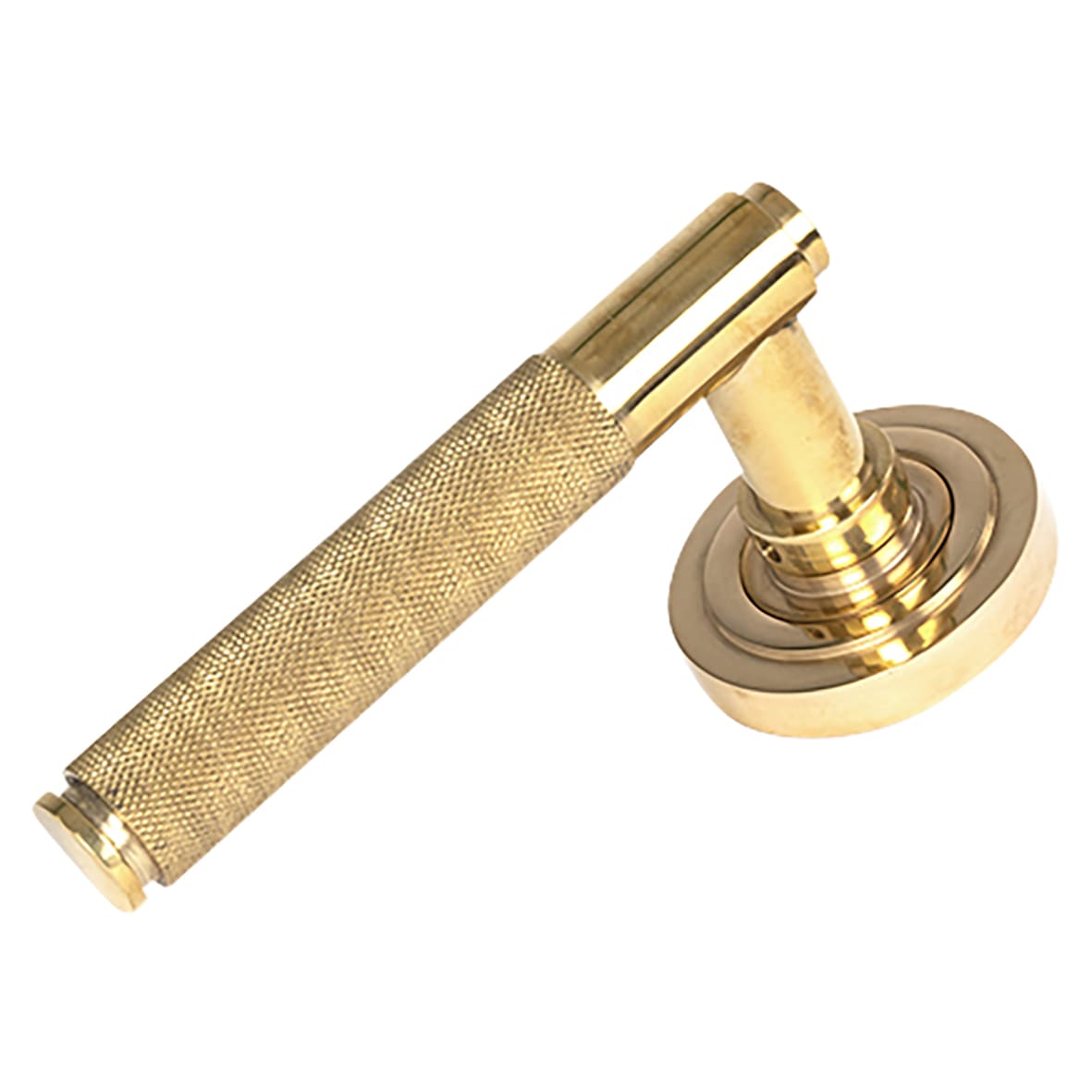 Polished Brass Knurled Door Handles on Round Art Deco Rose - Brompton Range - view 2