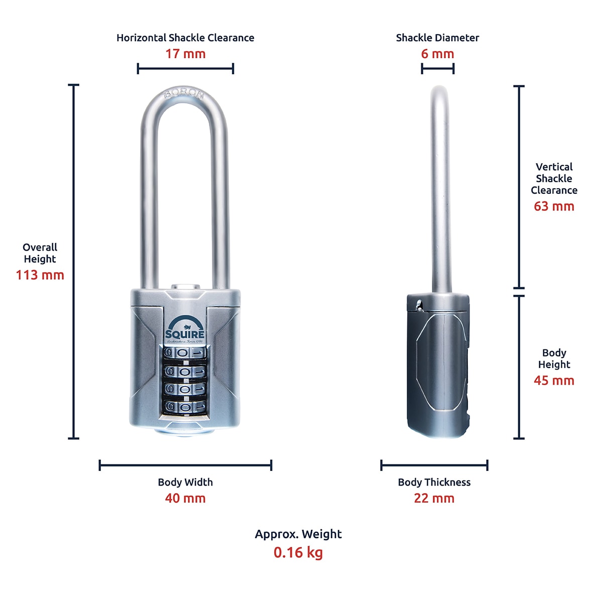 VULCAN COMBI 40/2.5 Combination Long Shackle Padlock - 40mm Body - 63 x 17mm Shackle - Blue - view 5