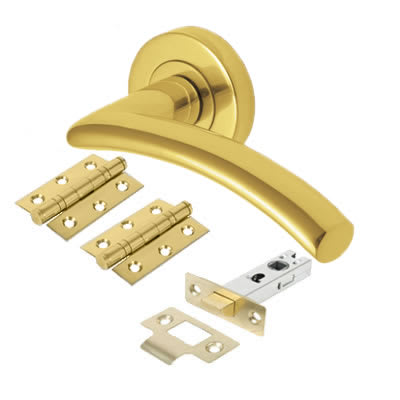 Marcus Polished Brass Latch Door Handles on Rose Pack - Centaur Range - view 2