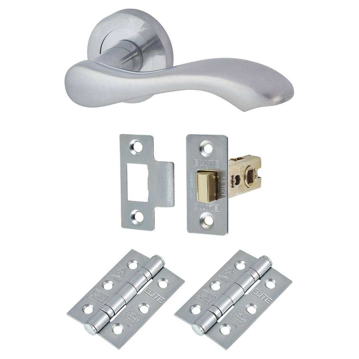 Satin Chrome Scroll Latch Door Handles on Rose Pack - Scarlett Range - view 2