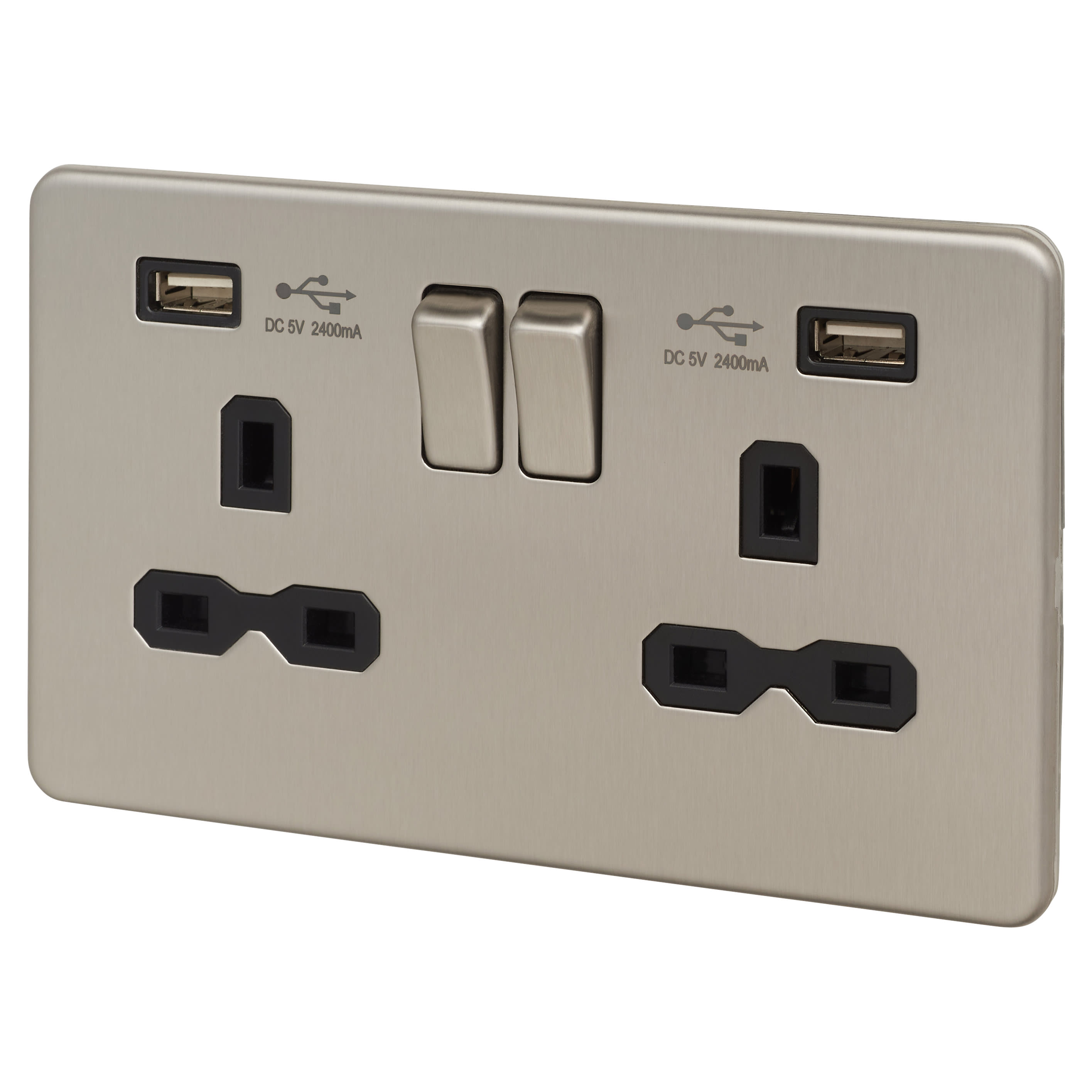 13A 2 Gang Screwless USB Socket with 2 x USB - 2.4A - Brushed Chrome/Black Inserts - view 2