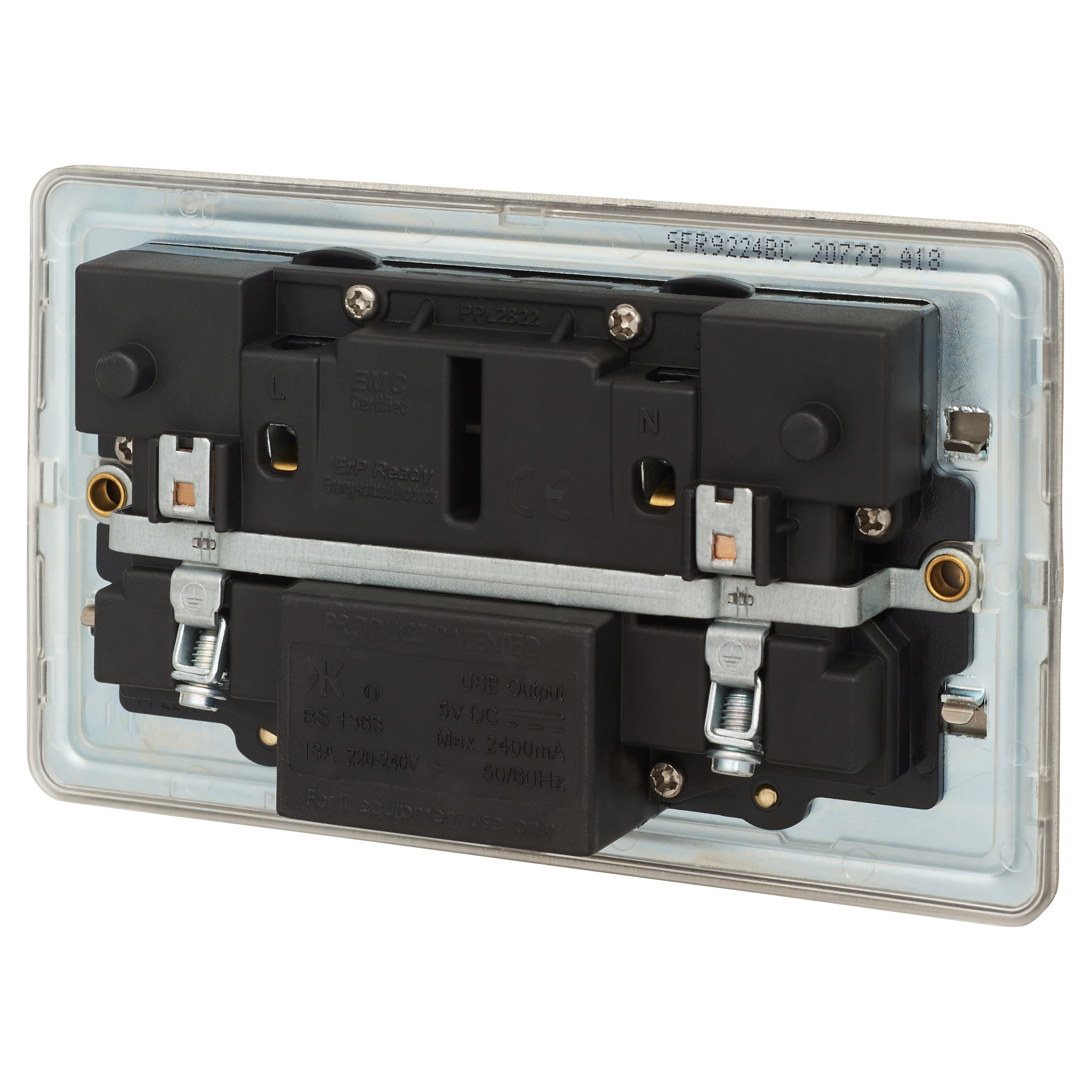 13A 2 Gang Screwless USB Socket with 2 x USB - 2.4A - Brushed Chrome/Black Inserts - view 3
