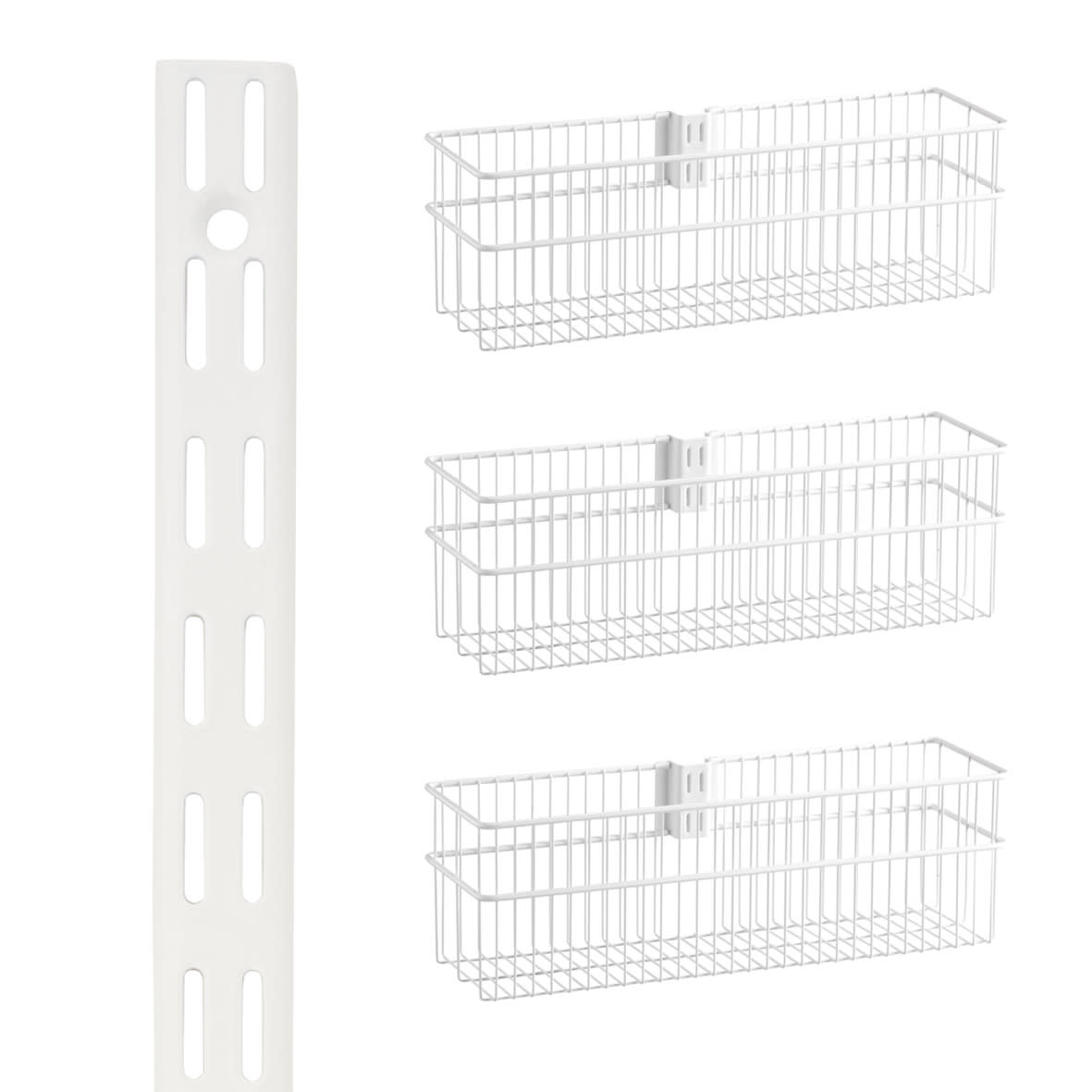 Wardrobe & Wall Mounted Storage Kit - 1 x Twin Slot Wall Upright & 3 x Wire Baskets - White - view 3