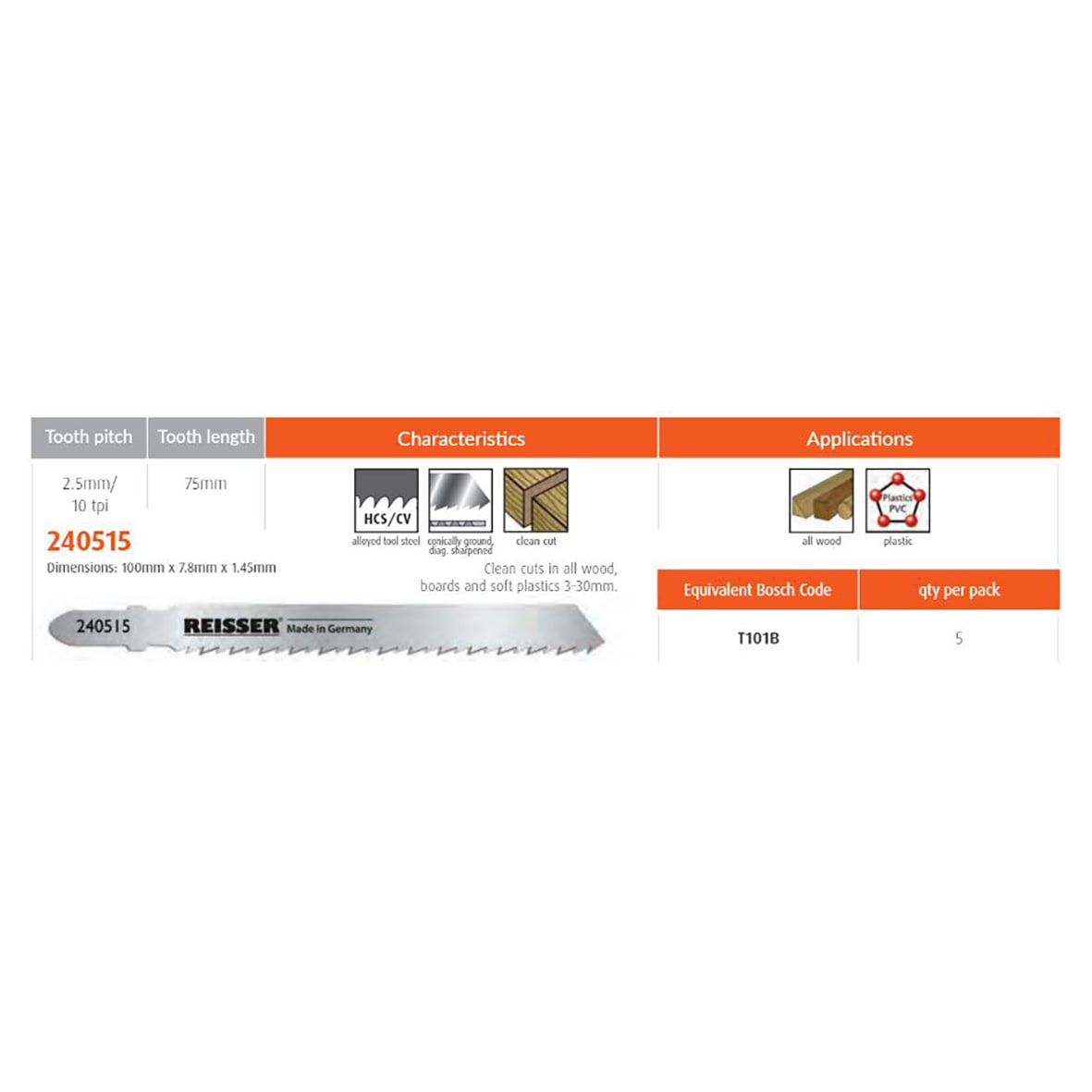 T101B Jigsaw Blade for Wood - 100 x 7.8 x 1.45mm - 10 TPI - Pack of 5 - view 2