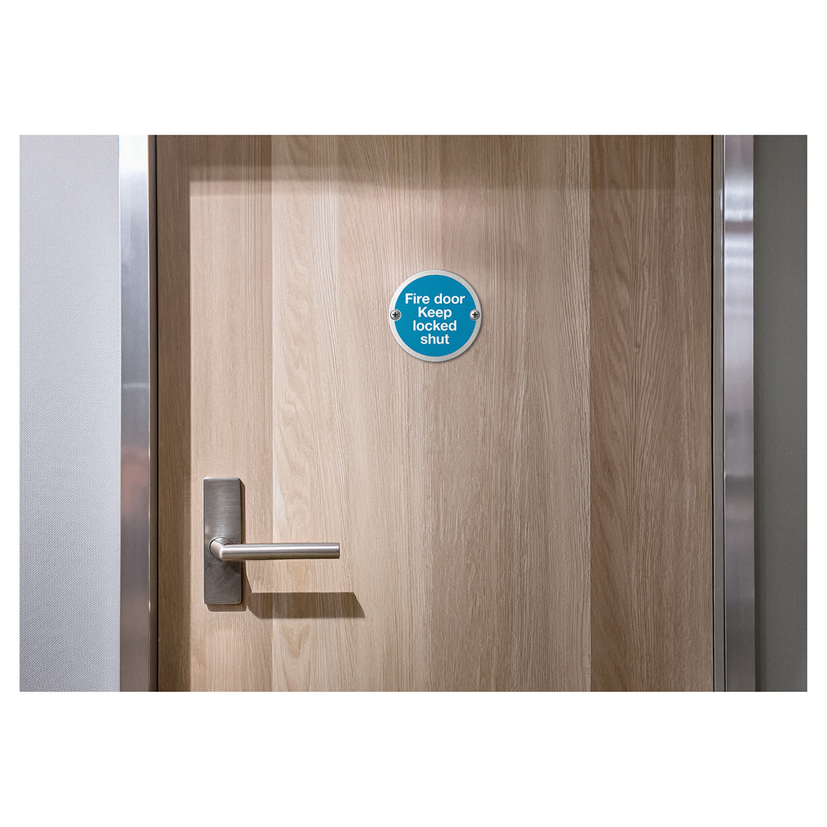 Light Blue Fire Door Keep Locked Shut Door Sign - 75mm Diameter - Satin Stainless Steel - view 2