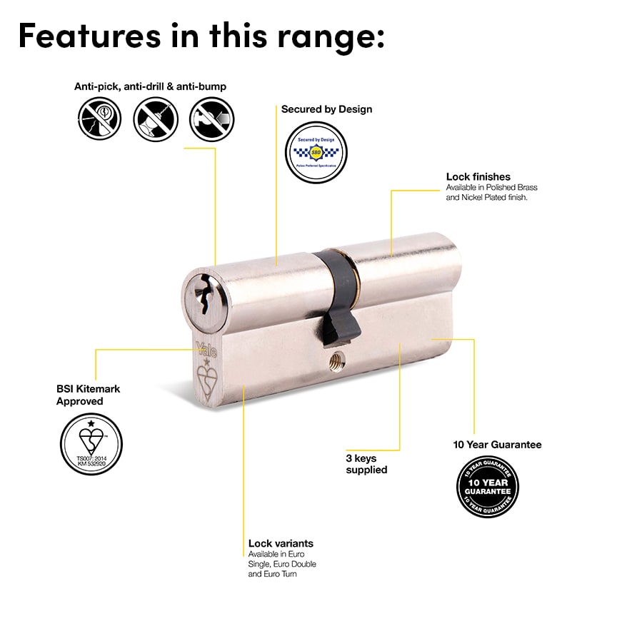 1 Star 6 Pin Kitemarked 70mm Euro Double Cylinder - 35 + 35mm - Pol Nickel - Keyed to Differ - view 3