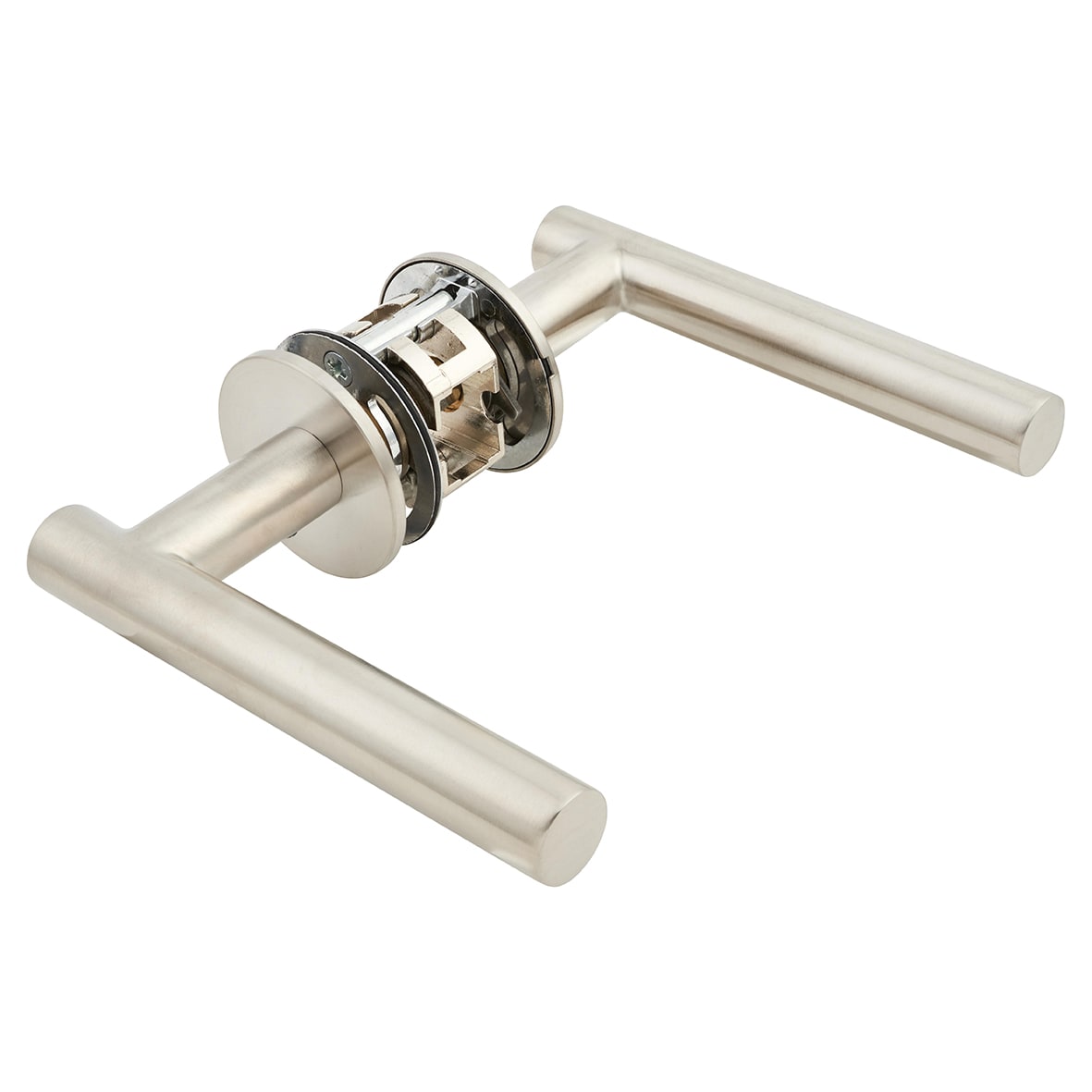 Satin Stainless Steel Door Handles on Round Slim Rose - Schema Vinklad Range - view 4