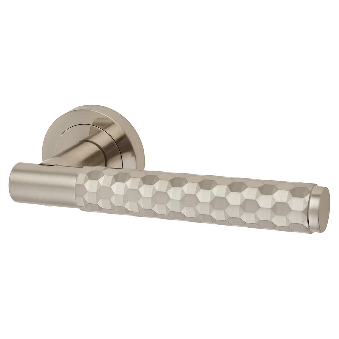 Satin Nickel Honeycomb Door Handles on Round Rose - Cara Range - view 2