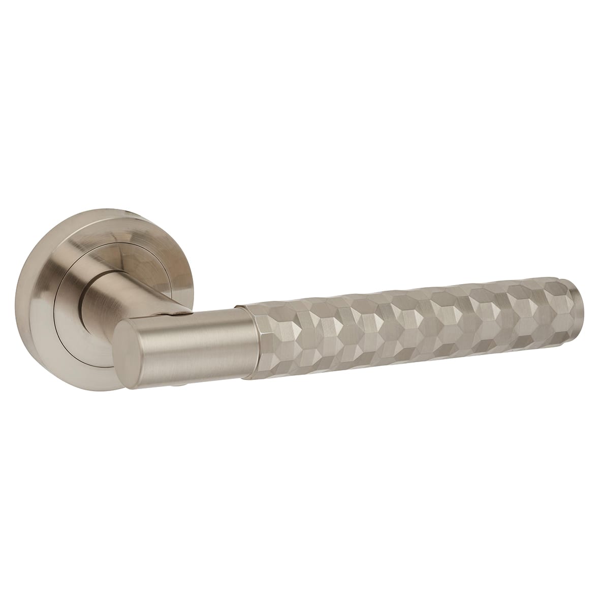 Satin Nickel Honeycomb Door Handles on Round Rose - Cara Range - view 3