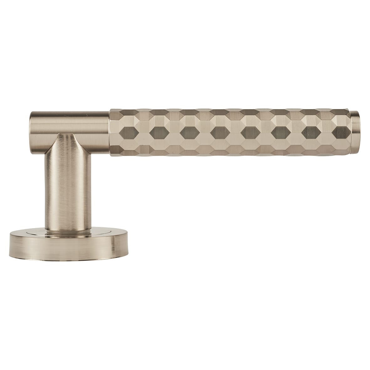 Satin Nickel Honeycomb Door Handles on Round Rose - Cara Range - view 5