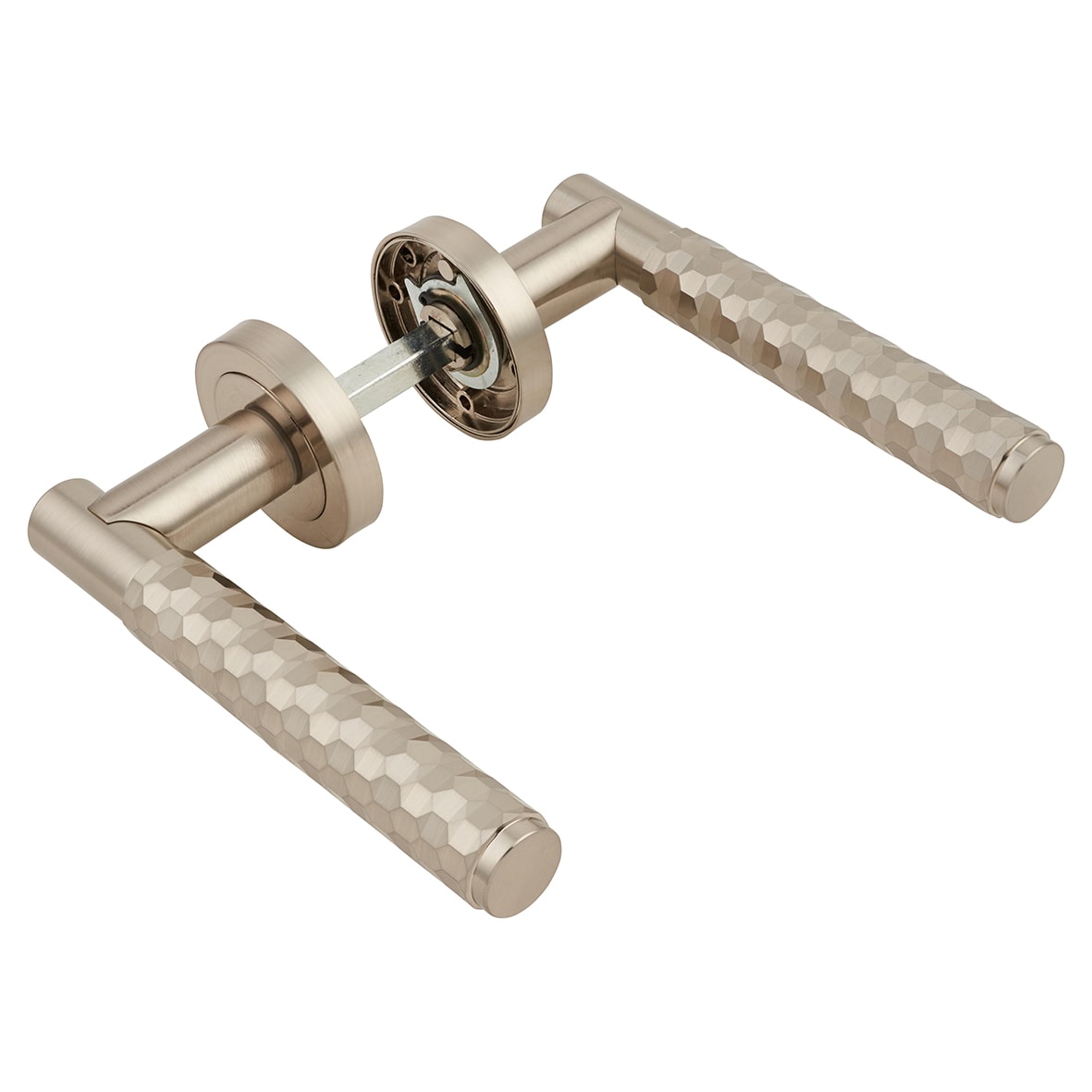 Satin Nickel Honeycomb Door Handles on Round Rose - Cara Range - view 6