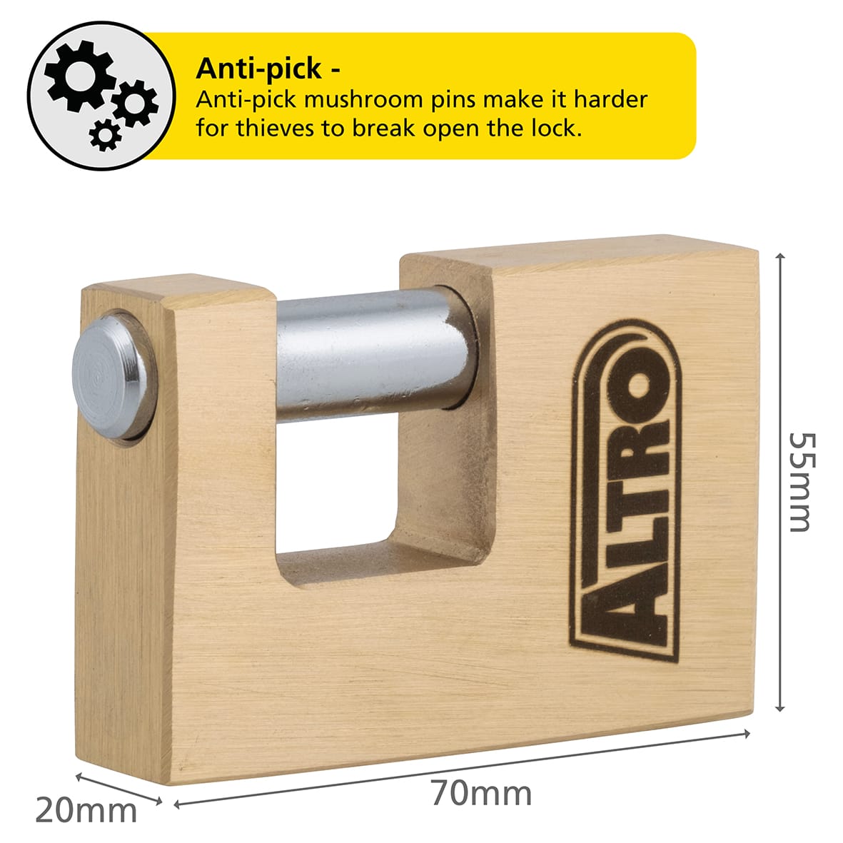 Solid Brass Shutter Lock - 70mm Body - 16.5 x 22mm Shackle - Keyed to Differ - view 6