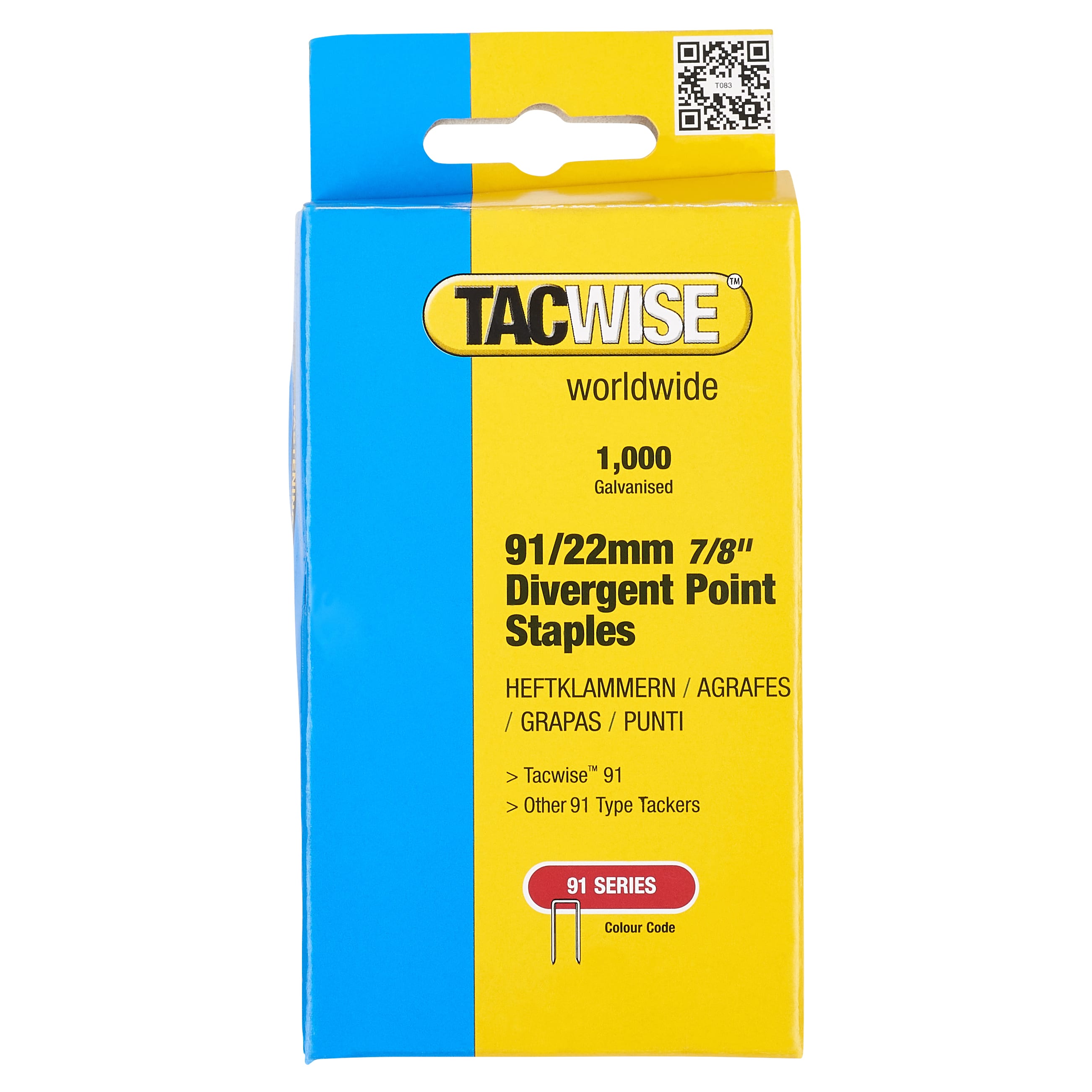 91 Series Divergent Point Narrow Crown Staples - 22mm Length - Galvanised - Pack of 1000 - view 3