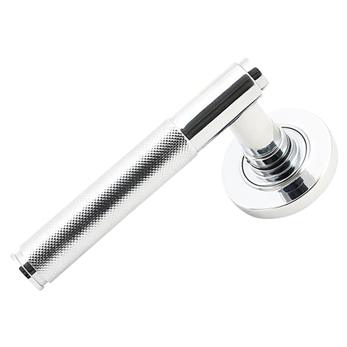 Polished Chrome Knurled Door Handles on Round Rose - Brompton Range - view 2