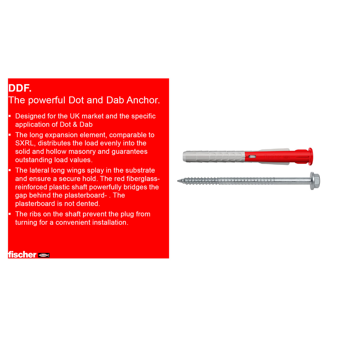 DDF Wall Anchor Fixings - Dot and Dab FUS - 10 x 100mm - Red & Grey - Pack of 50 - view 5