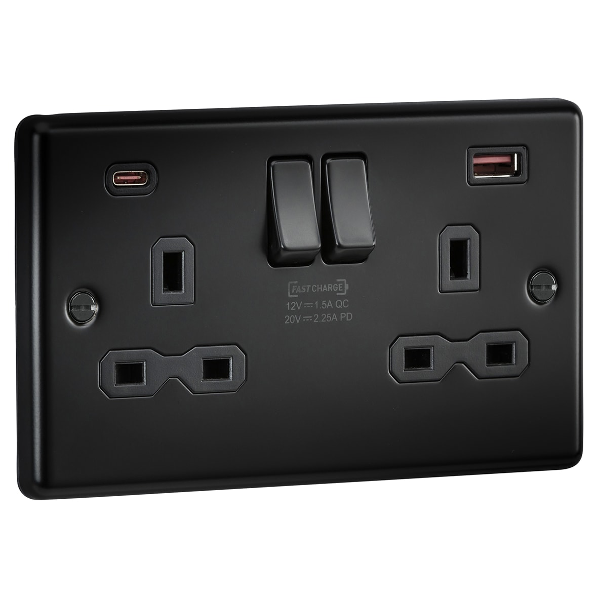 13A 2 Gang Round Edge Type A/C 45W USB Socket with 2 x USB - 2.25A - Matt Black/Black - view 2