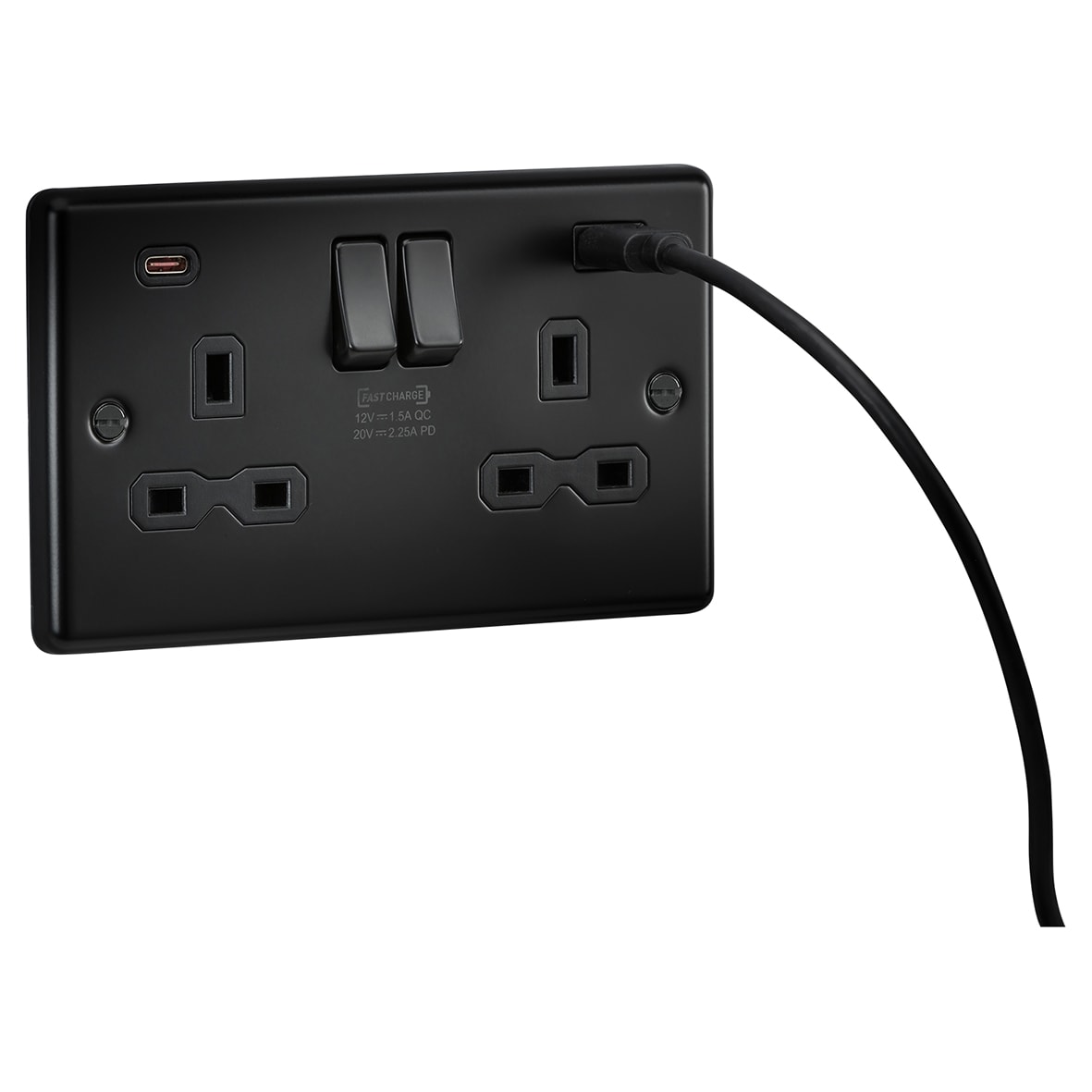 13A 2 Gang Round Edge Type A/C 45W USB Socket with 2 x USB - 2.25A - Matt Black/Black - view 3